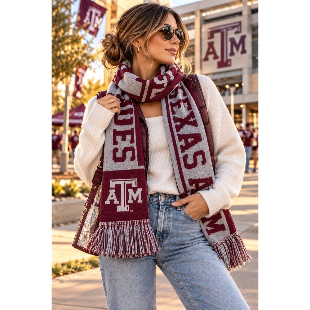 Texas A&M Aggies College Sport Scarf Maroon Gray Fringed NCAA Licensed NWT